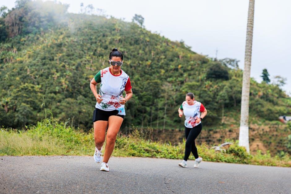 Deux traileuses courant en montagne dans un paysage verdoyant